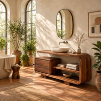 Bathroom vanity with a looped frame, two stacked drawers and an open shelf in a bright bathroom with arched windows and plants