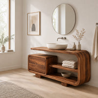 Bathroom vanity with a looped frame, two stacked drawers and an open shelf in a Scandinavian bathroom with white walls