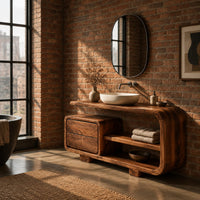 Bathroom vanity with a looped frame, two stacked drawers and an open shelf in an industrial loft bathroom with exposed brick