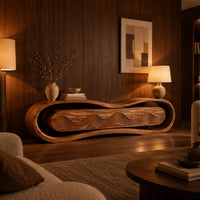 Loop framed tv stand with a ripple carved four panel front in an evening living room with walnut wall paneling