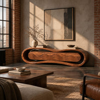 Loop framed tv stand with a ripple carved four panel front in an industrial loft living room with exposed brick