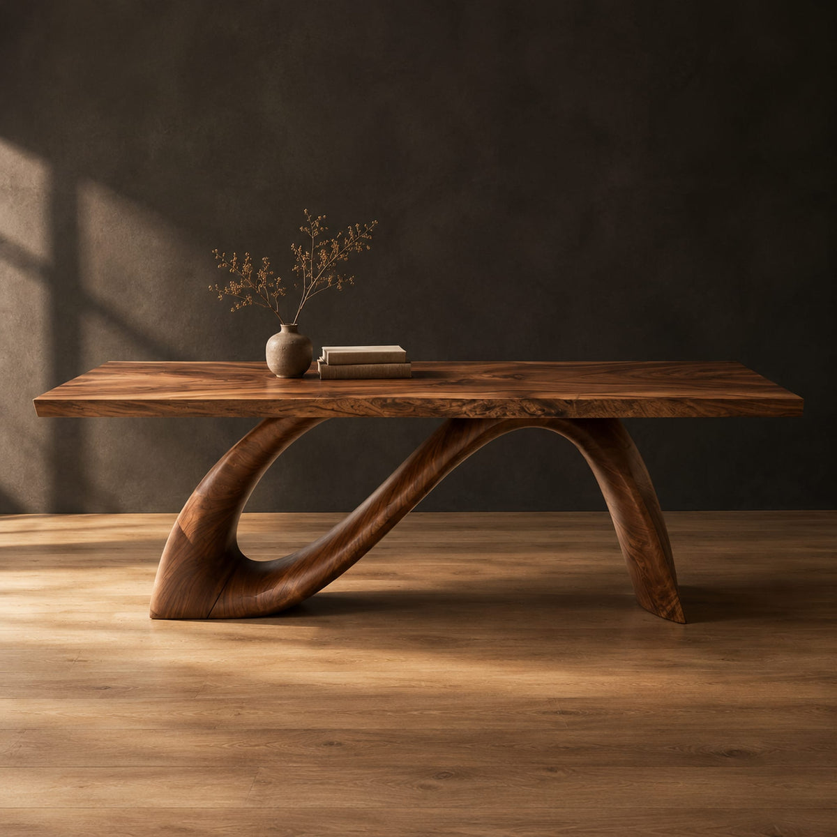 Dining table with a sweeping ribbon base that folds into an open loop in a dark studio against a charcoal plaster wall