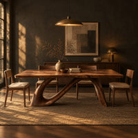 Dining table with a sweeping ribbon base that folds into an open loop in a dark dining room at golden hour