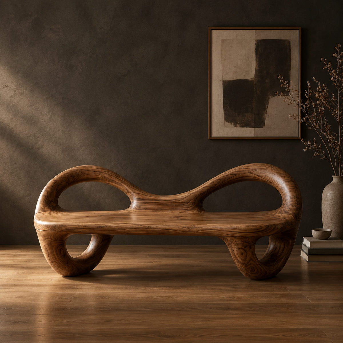 Bench with a flat plank seat, looped arms and ring shaped legs in a dark studio against a charcoal plaster wall