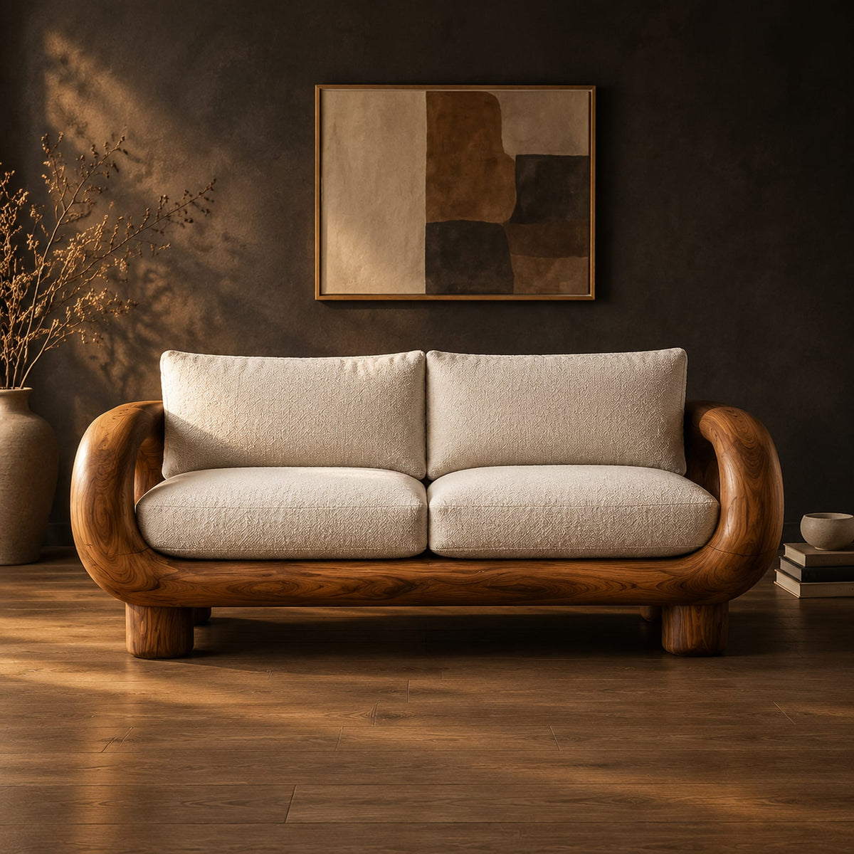 Sofa with thick looped wood arms, chunky block legs and cream cushions in a dark studio against a charcoal plaster wall