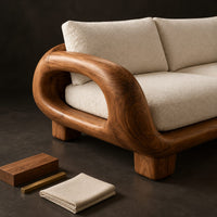 Corner detail of sofa with thick looped wood arms, chunky block legs and cream cushions beside wood, brass and linen samples