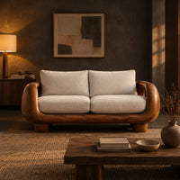 Sofa with thick looped wood arms, chunky block legs and cream cushions in a dark living room at golden hour