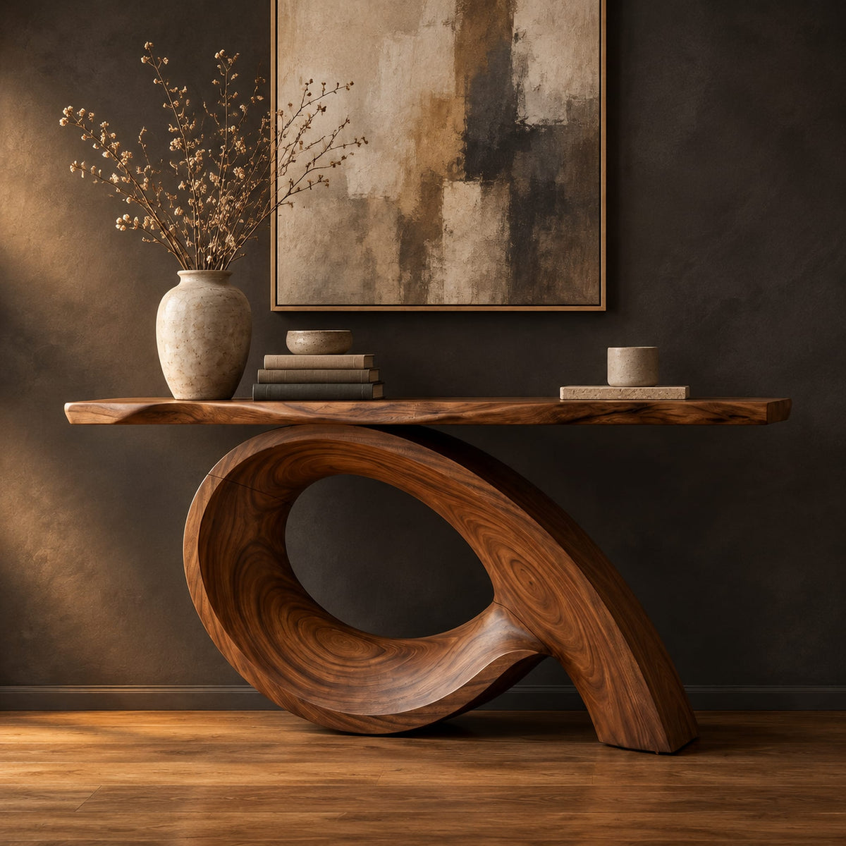Narrow console table with a live edge top on a sweeping looped base in a dark studio against a charcoal plaster wall