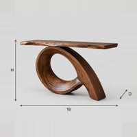Looped Ribbon Base Console Table, Live Edge Top dimension diagram with width, height and depth