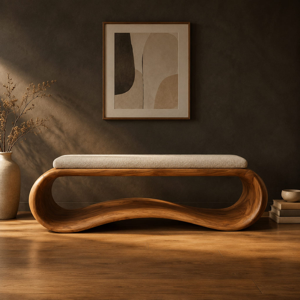 Wooden bench made from a looped ribbon frame with a slim cream cushion in a dark studio against a charcoal plaster wall