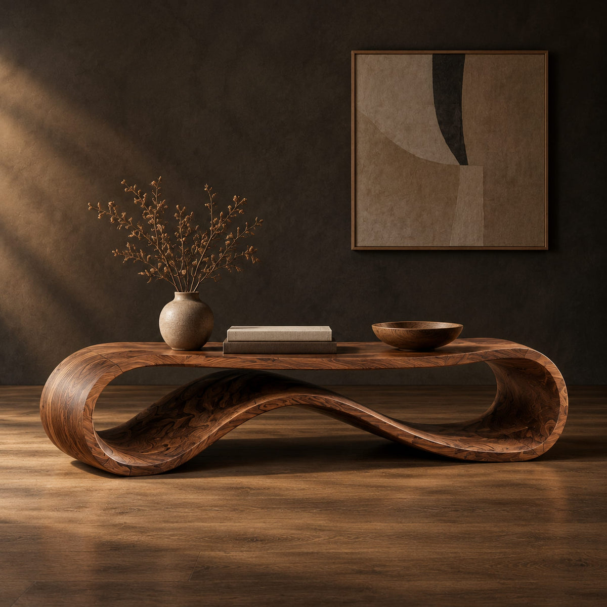 Coffee table with a flat top over a looping wave shaped wooden base in a dark studio against a charcoal plaster wall