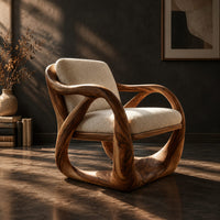 Lounge chair with looping wood arms and a cream cushioned seat, three-quarter view showing the grain