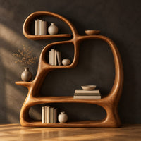 Looping bookshelf with open shelves and a cushioned seat bay in a dark studio against a charcoal plaster wall