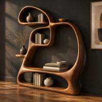 Looping bookshelf with open shelves and a cushioned seat bay, three-quarter view showing the grain