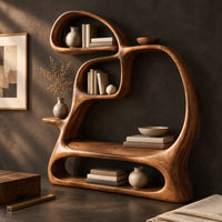 Corner detail of looping bookshelf with open shelves and a cushioned seat bay beside wood, brass and linen samples