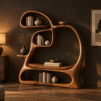 Looping bookshelf with open shelves and a cushioned seat bay in a dark living room at golden hour