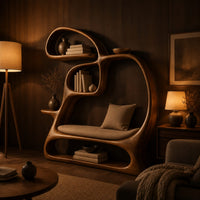 Looping bookshelf with open shelves and a cushioned seat bay in an evening living room with walnut wall paneling