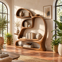 Looping bookshelf with open shelves and a cushioned seat bay in a bright living room with arched windows and plants