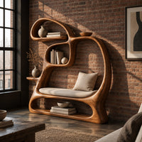 Looping bookshelf with open shelves and a cushioned seat bay in an industrial loft living room with exposed brick