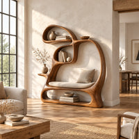 Looping bookshelf with open shelves and a cushioned seat bay in a bright open plan living room