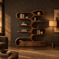 Tall bookshelf of stacked looping shelves on a solid base in a dark living room at golden hour