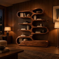 Tall bookshelf of stacked looping shelves on a solid base in an evening living room with walnut wall paneling