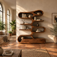 Tall bookshelf of stacked looping shelves on a solid base in a bright living room with arched windows and plants