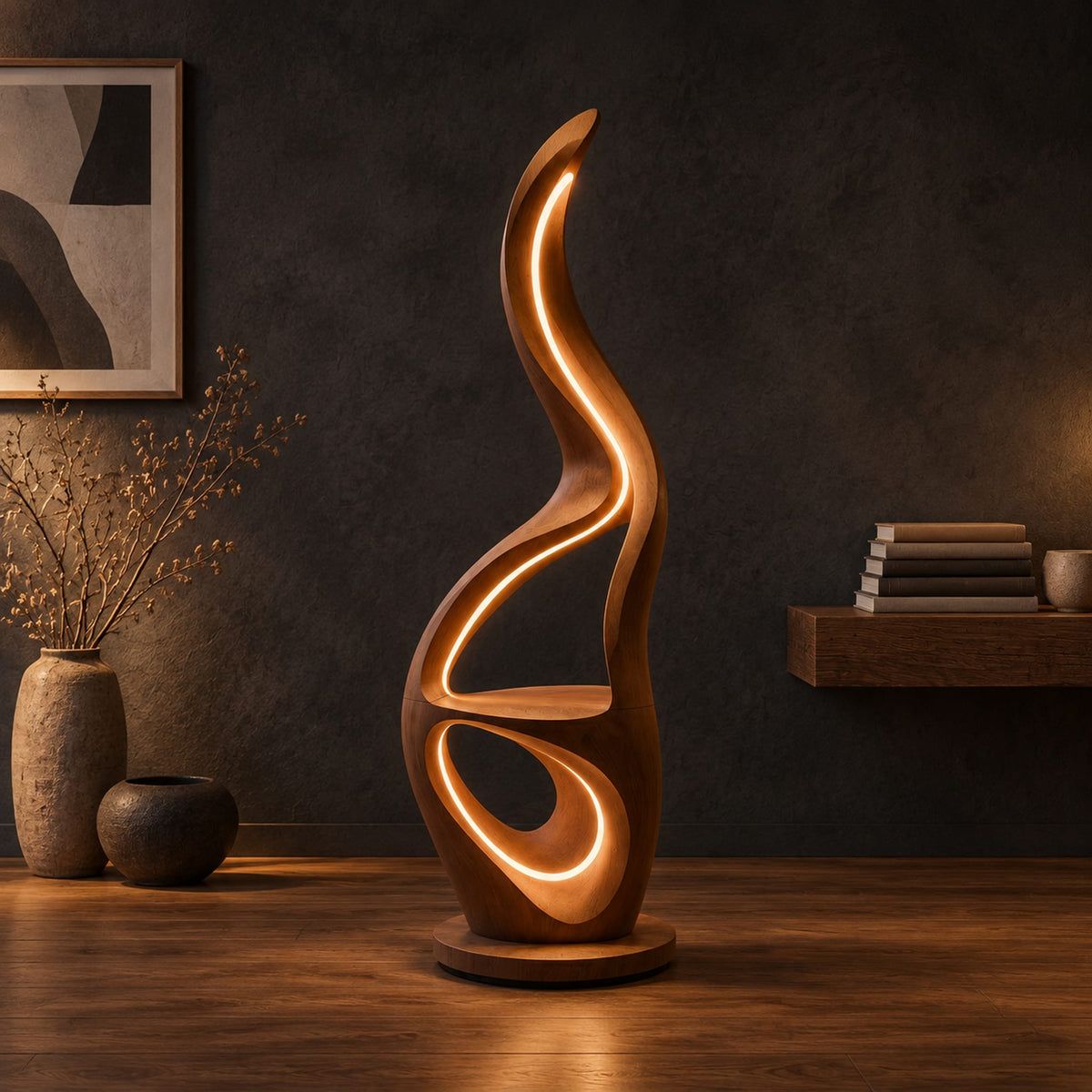 Flame shaped floor lamp with glowing loops and a small flat ledge in a dark studio against a charcoal plaster wall