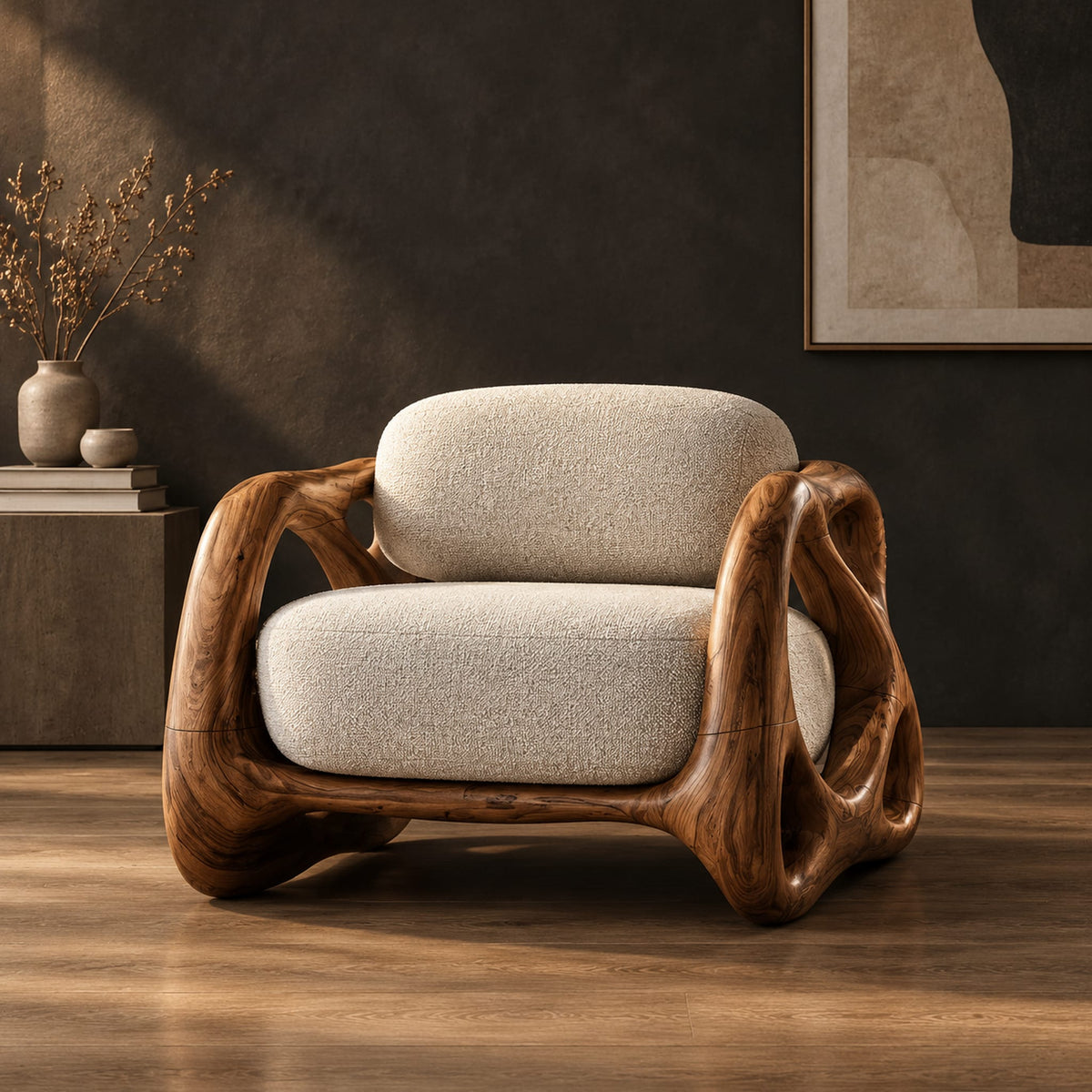 Armchair with looping carved wood arms and plush cream cushions in a dark studio against a charcoal plaster wall