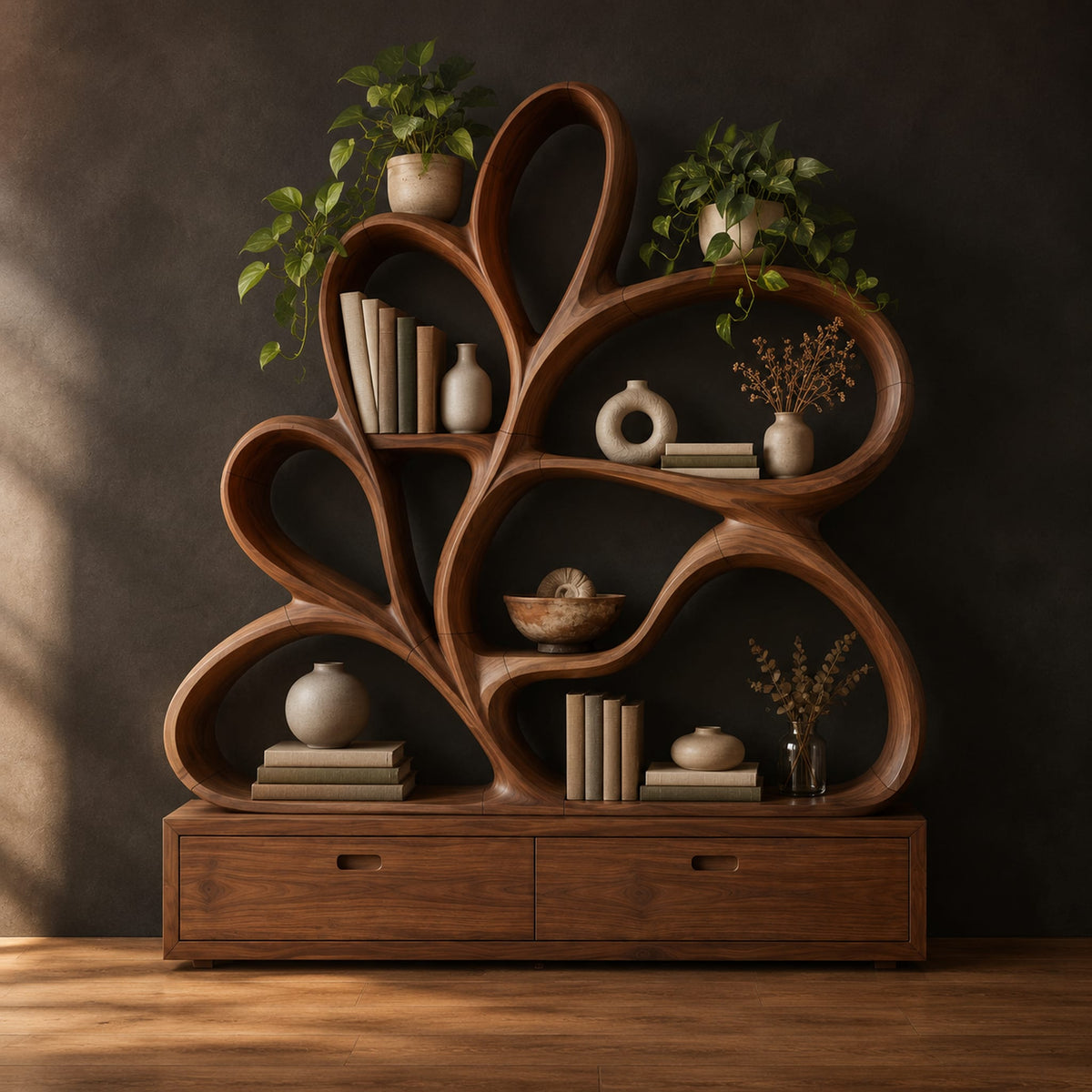 Bookshelf made of looping wooden ribbons set on a low two drawer base in a dark studio against a charcoal plaster wall