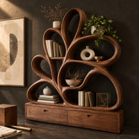 Corner detail of bookshelf made of looping wooden ribbons set on a low two drawer base beside wood, brass and linen samples