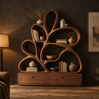 Bookshelf made of looping wooden ribbons set on a low two drawer base in a dark living room at golden hour