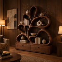 Bookshelf made of looping wooden ribbons set on a low two drawer base in an evening living room with walnut wall paneling