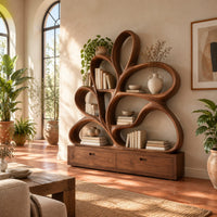 Bookshelf made of looping wooden ribbons set on a low two drawer base in a bright living room with arched windows and plants