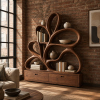 Bookshelf made of looping wooden ribbons set on a low two drawer base in an industrial loft living room with exposed brick