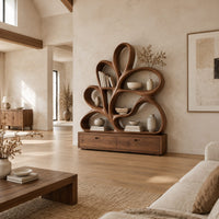 Bookshelf made of looping wooden ribbons set on a low two drawer base in a bright open plan living room
