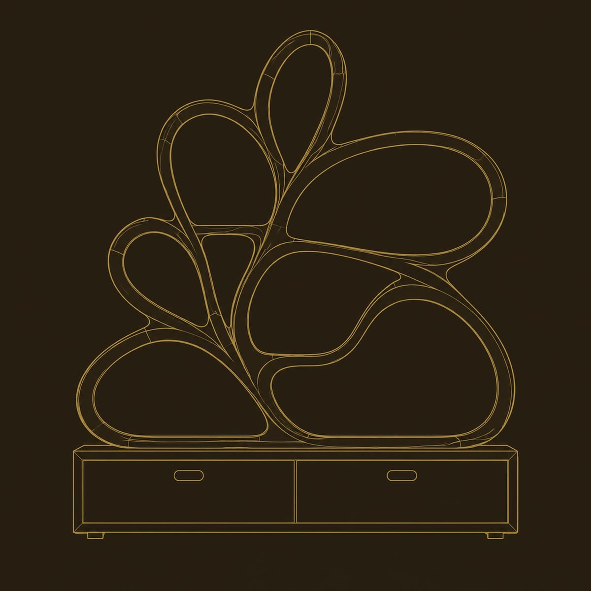 Looping Ribbon Bookshelf With Two Drawers Below dimension diagram