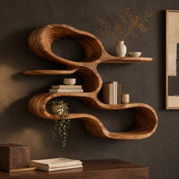 Corner detail of wall shelf shaped as one looping ribbon of wood with open tiers beside wood, brass and linen samples