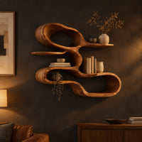 Wall shelf shaped as one looping ribbon of wood with open tiers in a dark living room at golden hour