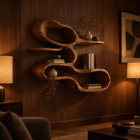 Wall shelf shaped as one looping ribbon of wood with open tiers in an evening living room with walnut wall paneling