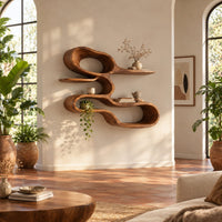 Wall shelf shaped as one looping ribbon of wood with open tiers in a bright living room with arched windows and plants