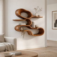 Wall shelf shaped as one looping ribbon of wood with open tiers in a Scandinavian living room with white walls