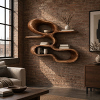 Wall shelf shaped as one looping ribbon of wood with open tiers in an industrial loft living room with exposed brick