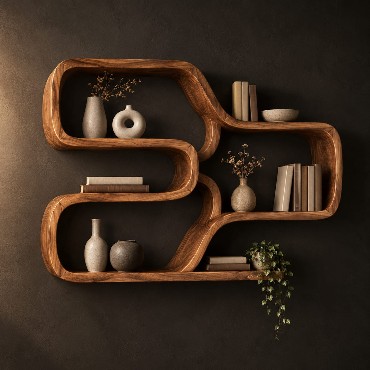 Wall shelf made from one looping ribbon of wood with open cells in a dark studio against a charcoal plaster wall