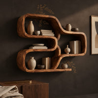 Corner detail of wall shelf made from one looping ribbon of wood with open cells beside wood, brass and linen samples