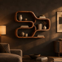 Wall shelf made from one looping ribbon of wood with open cells in a dark living room at golden hour