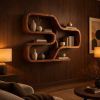 Wall shelf made from one looping ribbon of wood with open cells in an evening living room with walnut wall paneling