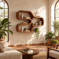 Wall shelf made from one looping ribbon of wood with open cells in a bright living room with arched windows and plants