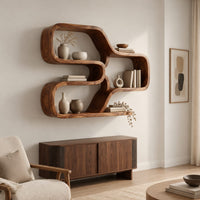 Wall shelf made from one looping ribbon of wood with open cells in a Scandinavian living room with white walls