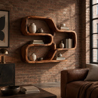 Wall shelf made from one looping ribbon of wood with open cells in an industrial loft living room with exposed brick